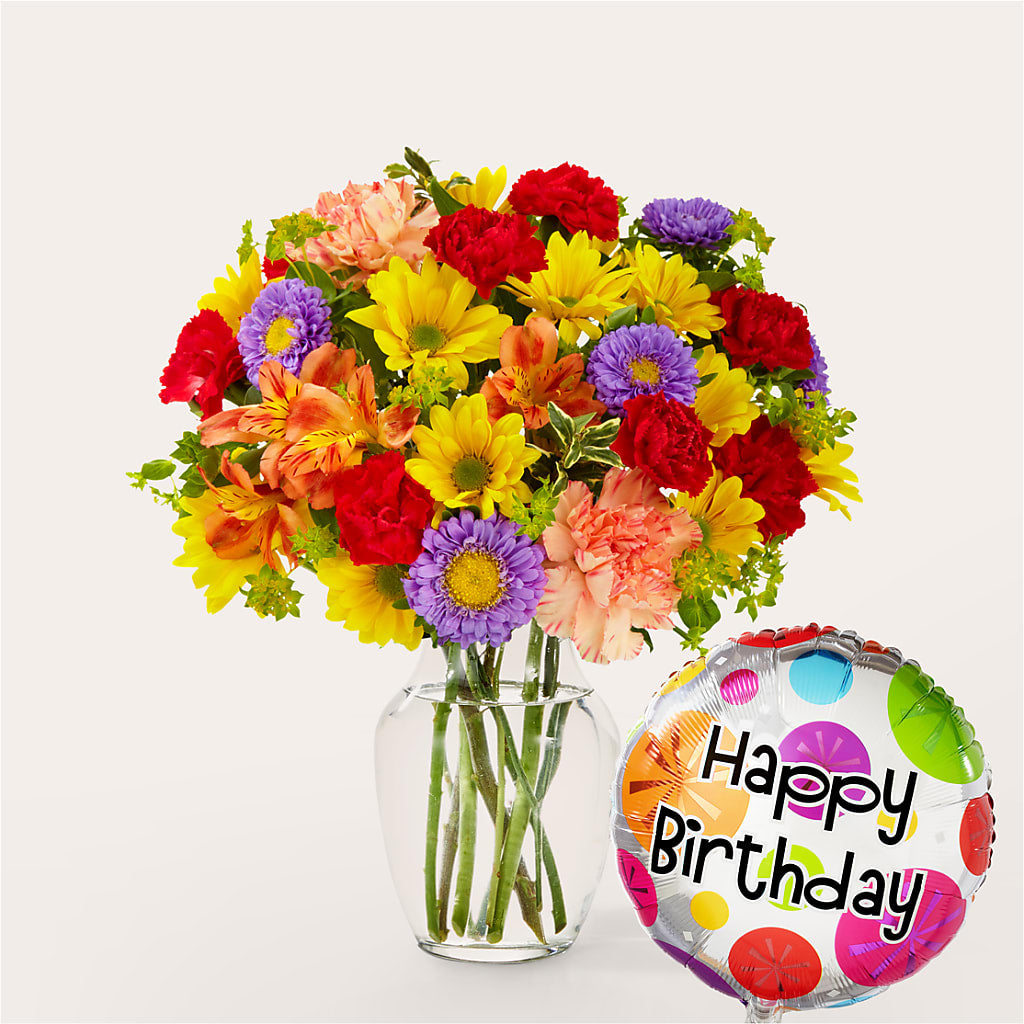 Kaleidoscope Bouquet with Birthday Balloon – Floristeria Fabiana, Charlotte NC