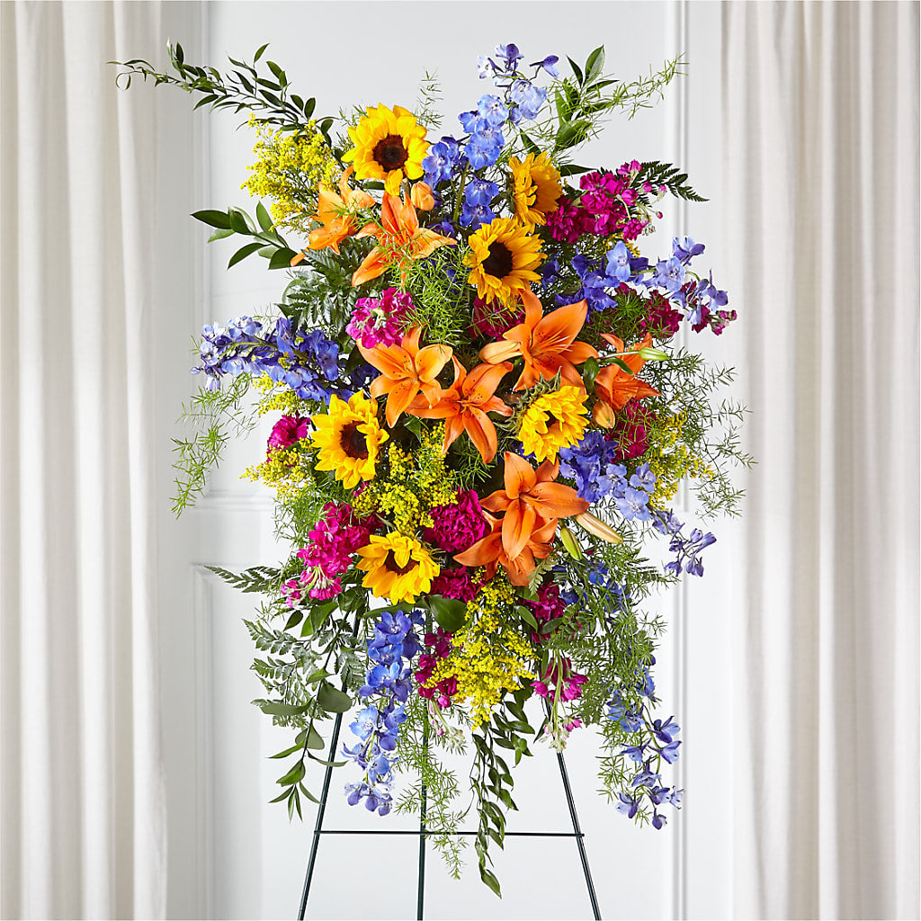 Sunlit Memories Standing Spray (Standard) – Floristeria Fabiana, Charlotte NC