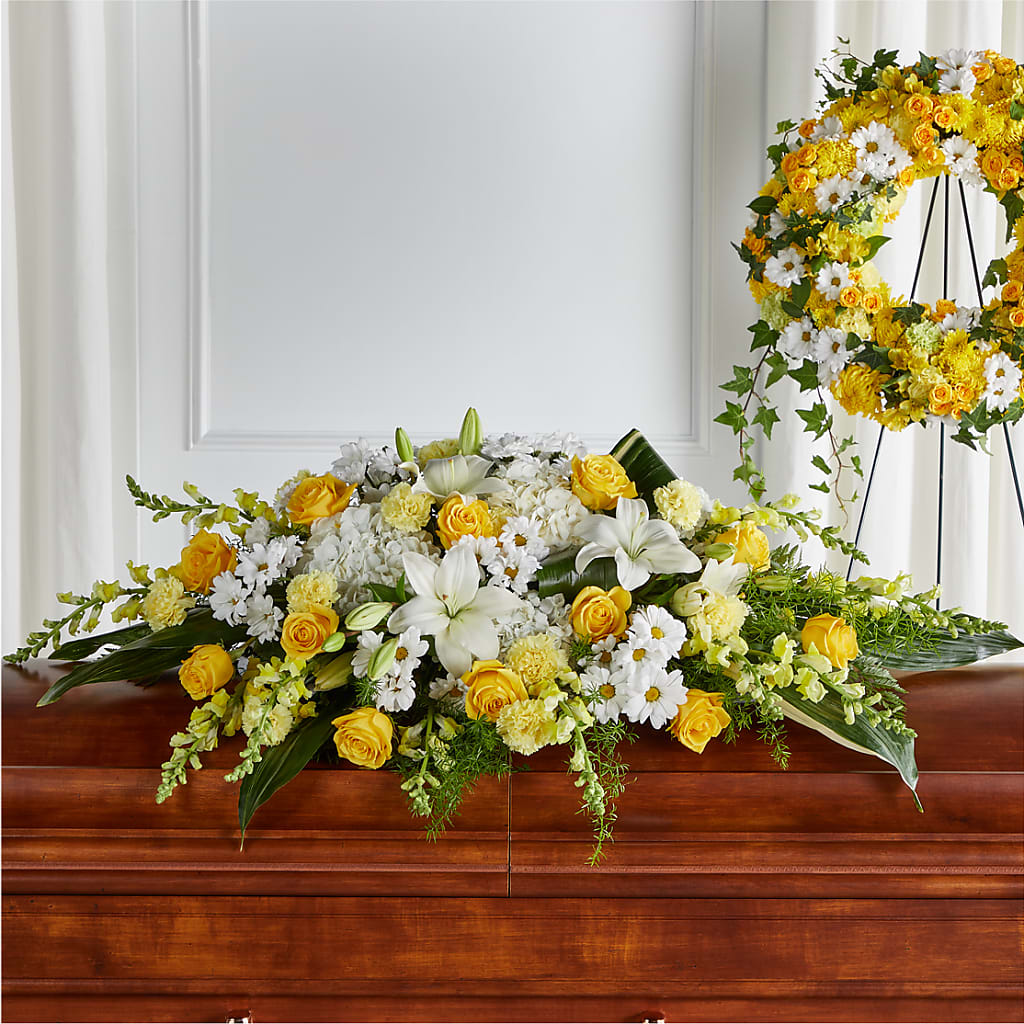 Golden Harmony Casket Spray – Floristeria Fabiana, Charlotte NC
