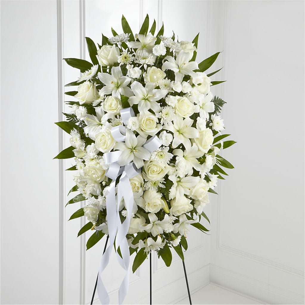 Exquisite Tribute Standing Spray-White Ribbon – Floristeria Fabiana, Charlotte NC